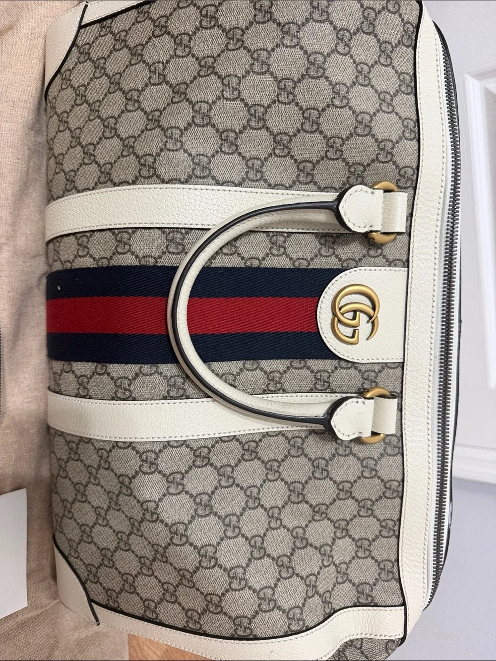 Gucci Beige GG Supreme Canvas Tote with Red and Navy Web and White Leather Trim